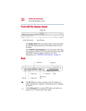 Page 3030
Finding Your Way Around
Front with the display closed
5.375 x 8.375 ver 2.3
Front with the display closed
The display latch keeps the display panel closed and locked. 
To open the display panel, press the display latch and raise 
the panel.
The CD/DVD control buttons let you play audio CDs when 
the computer is turned off. You can also use them to play CDs 
and DVDs with the computer turned on. For more 
information, see “CD/DVD control buttons” on page 78.
Back
The DC IN port is where you plug in the...