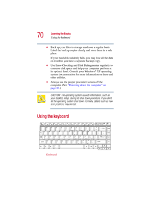 Page 7070
Learning the Basics
Using the keyboard
5.375 x 8.375 ver 2.3
❖Back up your files to storage media on a regular basis. 
Label the backup copies clearly and store them in a safe 
place.
If your hard disk suddenly fails, you may lose all the data 
on it unless you have a separate backup copy.
❖Use Error-Checking and Disk Defragmenter regularly to 
conserve disk space and help your computer perform at 
its optimal level. Consult your Windows
® XP operating 
system documentation for more information on...