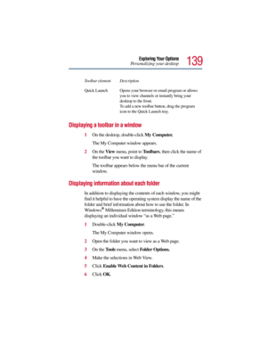 Page 139139
Exploring Your Options
Personalizing your desktop
Displaying a toolbar in a window
1On the desktop, double-click My Computer.
The My Computer window appears.
2On the View menu, point to Toolbars, then click the name of 
the toolbar you want to display. 
The toolbar appears below the menu bar of the current 
window.
Displaying information about each folder
In addition to displaying the contents of each window, you might 
find it helpful to have the operating system display the name of the 
folder and...