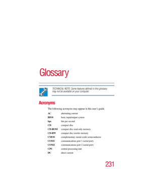 Page 231231
Glossar y
TECHNICAL NOTE: Some features defined in this glossary 
may not be available on your computer.
Acronyms
The following acronyms may appear in this user’s guide.
AC alternating current
BIOS basic input/output system
bps bits per second
CDcompact disc
CD-ROM  compact disc read-only memory
CD-RW  compact disc rewrite memory
CMOS complementary metal-oxide semiconductor
COM1  communications port 1 (serial port)
COM2  communications port 2 (serial port)
CPU central processing unit
DC direct current 