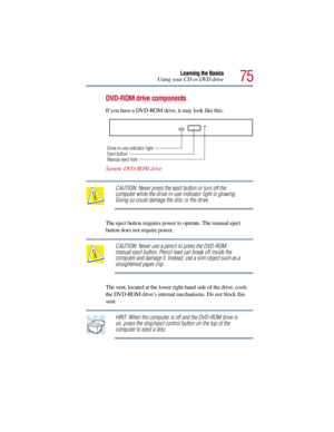 Page 7575
Learning the Basics
Using your CD or DVD drive
DVD-ROM drive components
If you have a DVD-ROM drive, it may look like this:
Sample DVD-ROM drive
CAUTION: Never press the eject button or turn off the 
computer while the drive in-use indicator light is glowing. 
Doing so could damage the disc or the drive.
The eject button requires power to operate. The manual eject 
button does not require power.
CAUTION: Never use a pencil to press the DVD-ROM 
manual eject button. Pencil lead can break off inside the...