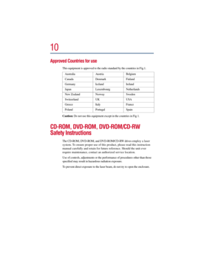 Page 1010
Approved Countries for use
This equipment is approved to the radio standard by the countries in Fig.1. 
Caution: Do not use this equipment except in the countries in Fig 1.
CD-ROM, DVD-ROM, DVD-ROM/CD-RW 
Safety Instructions
The CD-ROM, DVD-ROM, and DVD-ROM/CD-RW drives employ a laser 
system. To ensure proper use of this product, please read this instruction 
manual carefully and retain for future reference. Should the unit ever 
require maintenance, contact an authorized service location.
Use of...