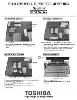 Page 5MODEM BOARD REMOVALMODEM BOARD REMOVALMINI PCI CARD REMOVAL1. Remove two M2.5x4 black flat head screws securing 
    the modem slot cover.2. Insert your finger nail or the case separator into the    notched side of the cover and lift up to release the    latch securing the modem slot cover.TOSHIBA
Tough Enough for Today’s World1. Open the display panel.
2. Remove the keyboard holder at the top of the
    keyboard.KEYBOARD REMOVAL
FIELD REPLACEABLE UNIT DOCUMENTATION5000 SeriesModem slot coverM2.5x4 black...