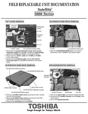 Page 7TOSHIBA
Tough Enough for Today’s World  TOP COVER REMOVAL  CD-R/W/DVD-ROM DRIVE REMOVAL1. Slide the CD-R/W/DVD-ROM drive to the right to 
    disconnect it from  PJ106 on the system board.
FIELD REPLACEABLE UNIT DOCUMENTATION5000 Series  CD-R/W//DVD-ROM DRIVE REMOVALM2x6 brass screwsM2x3 black screwCD-R/W/DVD-ROMside bracketCD-R/W/DVD-ROM bracketCD-R/W/DVD-ROM connectorCD-R/W/DVD-ROM driveSPEAKER(WOOFER) REMOVAL2. Remove one M2x3 black screw securing the side  bracket
    and lift out the bracket.3....