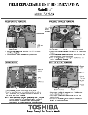 Page 9CPU REMOVALCOOLING MODULE REMOVAL1. Disconnect the fan harness from PJ770 on the system 
    board. 2. Remove three M2x8 brass screws  and securing the 
   cooling module to the system board.3. Peel off the glass tape securing the DC harness and
    lift out the cooling module.Fan harnessCooling moduleM2x8
brass screwsPJ770FIELD REPLACEABLE UNIT DOCUMENTATION5000 Series
TOSHIBA
Tough Enough for Today’s World1. Slide the CPU lock in the direction of the arrow.
2. Insert a 5mm flat head screwdriver on the...