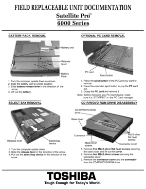 Page 3TOSHIBA
Tough Enough for Today’s World.OPTIONAL PC CARD REMOVAL1. Press the eject button of the PCCard you want to
    remove.2. Press the extended eject button to pop the PC card
    out.
3. Grasp the PC card and remove it.SELECT BAY REMOVAL1. Turn the computer upside down.
2. Slide the release lever in the direction of the arrow.
3. Pull out the select bay device in the direction of the
    arrow.
FIELD REPLACEABLE UNIT DOCUMENTATION6000 SeriesBATTERY PACK  REMOVAL1. Turn the computer upside down as...