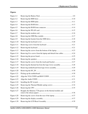 Page 127 4 Replacement Procedures 
Satellite L450/Pro L450/L450D/Pro L450D Maintenance Manual  4-v 
Figures 
Figure 4.1   Removing the Battery Pack ........................................................................\
... 4-8
 
Figure 4.2   Removing the HDD door........................................................................\
..... 4-10 
Figure 4.3   Removing the HDD plate........................................................................\
..... 4-11 
Figure 4.4   Removing the RAM...