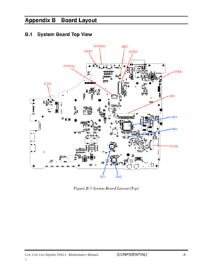 Page 184Appendix B    
Appendix B  Board Layout 
B.1  System Board Top View  
 
Figure B-1 System Board Layout (Top) 
 
 
 
 
Low Cost Los Angeles 10AL+  Maintenance Manual                     [CONFIDENTIAL]                                          B-
1  