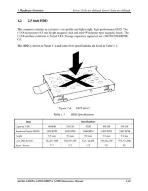 Page 271 Hardware Overview Error! Style not defined. Error! Style not defined.   
1.2  2.5-inch HDD 
The computer contains an extremely low-prof ile and lightweight, high-performance HDD. The 
HDD incorporates 9.5 mm height magnetic disk and mini-Winchester type magnetic heads. The 
HDD interface conforms to Serial ATA.  Storage capacities supported are 160/250/320/400/500 
GB. 
The HDD is shown in Figure 1-2 and some of its specifications are listed in Table 1-1. 
 
Figure 1-4  SATA HDD 
Table 1-1  HDD...