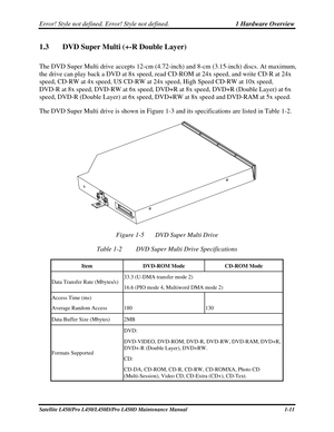 Page 28Error! Style not defined. Error! Style not defined.   1 Hardware Overview  
1.3  DVD Super Multi (+-R Double Layer) 
The DVD Super Multi drive accepts 12-cm (4.72-inch)  and 8-cm (3.15-inch) discs. At maximum, 
the drive can play back a DVD at 8x speed, read CD-ROM at 24x speed, and\
 write CD-R at 24x 
speed, CD-RW at 4x speed, US CD-RW at 24x speed, High Speed CD-RW at 10x speed,  
DVD-R at 8x speed, DVD-RW at 6x speed, DVD+ R at 8x speed, DVD+R (Double Layer) at 6x 
speed, DVD-R (Double Layer) at 6x...