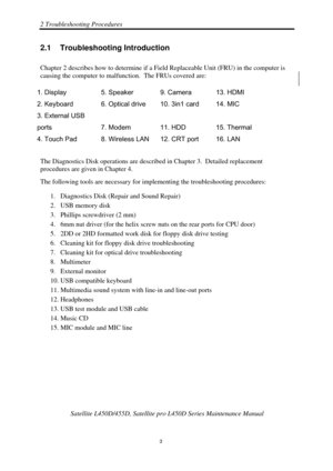 Page 372 Troubleshooting Procedures 
 Satellite L450D/455D, Satellite pr o L450D Series Maintenance Manual 
  
                                                                       
3 
2.1  Troubleshooting Introduction 
Chapter 2 describes how to determine if a Fi eld Replaceable Unit (FRU) in the computer is 
causing the computer to malfunction.  The FRUs covered are:  
1. Display  5. Speaker  9. Camera  13. HDMI 
2. Keyboard  6. Optical drive  10. 3in1 card  14. MIC 
3. External USB 
ports  7. Modem  11. HDD...