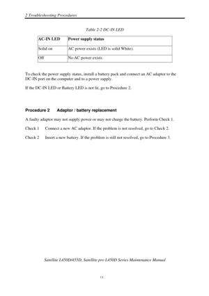 Page 452 Troubleshooting Procedures 
 Satellite L450D/455D, Satellite pr o L450D Series Maintenance Manual 
  
                                                                       
11 
Table 2-2 DC-IN LED 
AC-IN LED  Power supply status 
Solid on  AC power exists (LED is solid White). 
Off  No AC power exists. 
 
To check the power supply status, install a ba ttery pack and connect an AC adaptor to the 
DC-IN port on the computer and to a power supply. 
If the DC-IN LED or Battery LED  is not lit, go to...