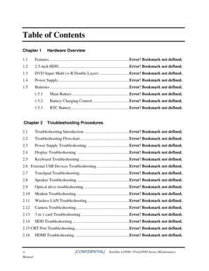 Page 6 
vi                                                          [CONFIDENTIAL]     Satellite L450D / ProL450D Series Maintenance 
Manual 
Table of Contents 
Chapter 1  Hardware Overview 
1.1
 Features ........................................................................\
......Error! Bookmark not defined. 
1.2 2.5-inch HDD.....................................................................Error! Bookmark not defined. 
1.3 DVD Super Multi (+-R Double Layer) .............................Error! Bookmark...