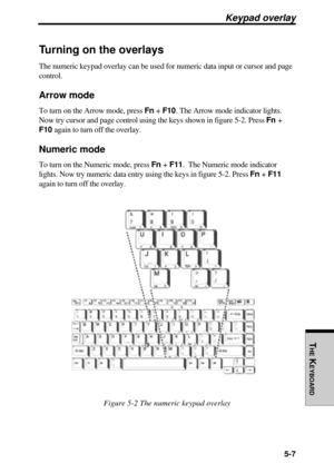 Page 128THE
 K
EYBOARD
5-7
Turning on the overlays
The numeric keypad overlay can be used for numeric data input or cursor and page
control.
Arrow mode
To turn on the Arrow mode, press Fn + F10. The Arrow mode indicator lights.
Now try cursor and page control using the keys shown in figure 5-2. Press Fn +
F10 again to turn off the overlay.
Numeric mode
To turn on the Numeric mode, press Fn + F11.  The Numeric mode indicator
lights. Now try numeric data entry using the keys in figure 5-2. Press Fn + F11
again to...