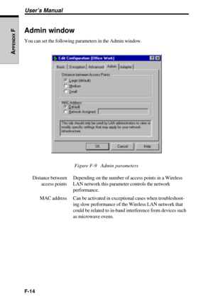 Page 244F-14
User’s Manual
APPENDIX
 FAdmin window
You can set the following parameters in the Admin window.
Figure F-9   Admin parameters
Distance between Depending on the number of access points in a Wireless
 access points LAN network this parameter controls the network
performance.
MAC address Can be activated in exceptional cases when troubleshoot-
ing slow performance of the Wireless LAN network that
could be related to in-band interference from devices such
as microwave ovens. 