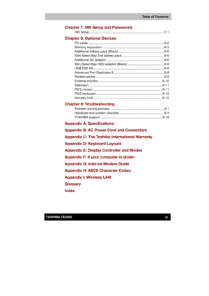 Page 11 
 
 
TE2300 Ve r s io n  1Last Saved on 21.05.2003 10:18
ENGLISH using TE2300_Onine.dot –– Printed on 27.05.2003 as  
Table of Contents
xiTOSHIBA TE2300 
Chapter 7: HW Setup and Passwords  
HW Setup........................................................................\
.............7-1 
Chapter 8: Optional Devices 
PC cards ........................................................................\
..............8-2 
Memory expansion...