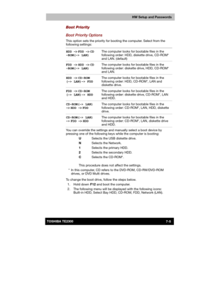 Page 106 
 
 
TE2300 Ve r s io n  1Last Saved on 21.05.2003 10:18
ENGLISH using TE2300_Onine.dot –– Printed on 27.05.2003 as  
HW Setup and Passwords
7-5TOSHIBA TE2300 
Boot Priority 
Boot Priority Options 
This option sets the priority for booting the computer. Select from the 
following settings: 
HDD −> FDD −> CD 
-ROM(-> LAN) The computer looks for bootable files in the 
following order: HDD, diskette drive, CD-ROM* 
and LAN. (default) 
FDD −> HDD −> CD 
-ROM(-> LAN) The computer looks for bootable files in...