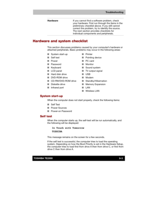 Page 124 
 
 
TE2300 Ve r s io n  1Last Saved on 21.05.2003 10:18
ENGLISH using TE2300_Onine.dot –– Printed on 27.05.2003 as  
Troubleshooting
9-3TOSHIBA TE2300 Hardware If you cannot find a software problem, check 
your hardware. First run through the items in the 
preliminary checklist above. If you still cannot 
correct the problem, try to identify the source. 
The next section provides checklists for 
individual components and peripherals. 
Hardware and system checklist 
This section discusses problems...