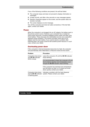 Page 125 
 
 
TE2300 Ve r s io n  1Last Saved on 21.05.2003 10:18
ENGLISH using TE2300_Onine.dot –– Printed on 27.05.2003 as  
Troubleshooting
9-4TOSHIBA TE2300 If any of the following conditions are present, the self test failed: 
■ The computer stops and does not proceed to display information or 
messages. 
■ A beep sounds, and after a few seconds no new messages appear. 
■ Random characters appear on the screen, and the system does not 
function normally. 
■ The screen displays an error message. 
Turn off...