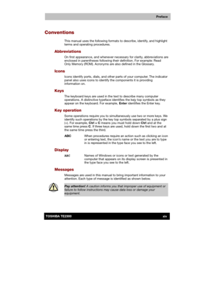 Page 14 
 
 
TE2300 Ve r s io n  1Last Saved on 21.05.2003 10:18
ENGLISH using TE2300_Onine.dot –– Printed on 27.05.2003 as  
Preface
xivTOSHIBA TE2300 
Conventions 
This manual uses the following formats to describe, identify, and highlight 
terms and operating procedures. 
Abbreviations 
On first appearance, and whenever necessary for clarity, abbreviations are 
enclosed in parentheses following their definition. For example: Read 
Only Memory (ROM). Acronyms are also defined in the Glossary. 
Icons 
Icons...