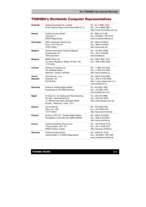 Page 145 
 
 
TE2300 Ve r s io n  1Last Saved on 21.05.2003 10:04
ENGLISH using TE2300_Onine.dot –– Printed on 27.05.2003 as  
C-2TOSHIBA TE2300 
The TOSHIBA International Warranty
TOSHIBAs Worldwide Computer Representatives 
Australia 
Toshiba (Australia) Pty. Limited 
84-92 Talavera Road, North Ryde NSW 2113 Tel: +61-2-9887-3322 
Fax: +61-2-9888-3664 
http://www.isd.toshiba.com.au 
Austria 
Toshiba Europe GmbH 
Leibnizstr. 2 
93055 Regensburg Tel:  0800-29 74 88 
Fax:+49-(0)941-780 79 25...