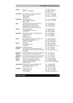 Page 148 
 
 
TE2300 Ve r s io n  1Last Saved on 21.05.2003 10:04
ENGLISH using TE2300_Onine.dot –– Printed on 27.05.2003 as  
C-5TOSHIBA TE2300 
The TOSHIBA International Warranty
Slovenia 
Inea d.o.o. 
Stegne 11, 1000 Ljubljana Tel: +386-1-513-81-00 
Fax: +386-1-513-81-60 
http://www.inea.si 
South Africa 
CS IT Solutions, CS Holdings Office Park 
Block D, 241 Third Road 
PO Box 786691 
1685 Midrand Tel: +27 (0) 11 205-7000 
Fax: +27-0-11-205-8586 
http://www.cs.co.za/it.htm. 
South Africa 
RECTRON (Pty) Ltd....