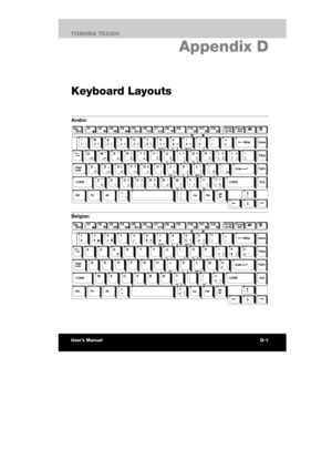 Page 150 
 
 
TE2300 Ve r s io n  1Last Saved on 21.05.2003 10:04
ENGLISH using TE2300_Onine.dot –– Printed on 27.05.2003 as  
D-2TOSHIBA TE2300 
The TOSHIBA International Warranty
D. Appendix D 
Keyboard Layouts
Arabic 
 
Belgian 
 
 
TOSHIBA TE2300 
 User’s Manual D-1  