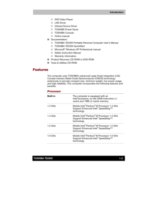 Page 17 
 
 
TE2300 Ve r s io n  1Last Saved on 21.05.2003 10:18
ENGLISH using TE2300_Onine.dot –– Printed on 27.05.2003 as  
Introduction
1-2TOSHIBA TE2300 ■ DVD Video Player 
■ LAN Driver 
■ Infrared Device Driver 
■ TOSHIBA Power Saver 
■ TOSHIBA Console 
■ Online manual 
■ Documentation: 
■ TOSHIBA TE2300 Portable Personal Computer User’s Manual 
■ TOSHIBA TE2300 QuickStart 
■ Microsoft
® Windows XP Professional manual 
■ Safety Instruction Manual 
■ Warranty information 
■ Product Recovery CD-ROM or...