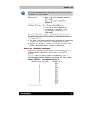 Page 170 
 
 
TE2300 Ve r s io n  1Last Saved on 21.05.2003 10:04
ENGLISH using TE2300_Onine.dot –– Printed on 27.05.2003 as  
I-2TOSHIBA TE2300 
Wireless LAN
 
Refer to the sheet Information to the User for regulatory information that 
may apply in your country/region. 
R-F Frequency ■ Band 5 GHz (5150-5850 MHz) (Revision A, 
Tu r b o  M o d e )  
■ Band 2.4 GHz (2400-2483.5 MHz) 
(Revision B) 
Modulation Technique  Direct Sequence Spread Spectrum  
■ CCK, DQPSK, DBPSK (Revision B) 
■ OFDM-BPSK, OFDM-QPSK,...