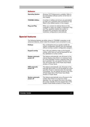 Page 22 
 
 
TE2300 Ve r s io n  1Last Saved on 21.05.2003 10:18
ENGLISH using TE2300_Onine.dot –– Printed on 27.05.2003 as  
Introduction
1-7TOSHIBA TE2300 
Software 
Operating System Windows® XP Professional is available. Refer to 
the preinstalled software section at the front of 
this chapter. 
TOSHIBA Utilities A number of utilities and drivers are preinstalled 
to make your computer more convenient to use. 
Refer to the Utilities section in this chapter. 
Plug and Play When you connect an external device...