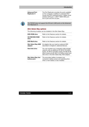 Page 26 
 
 
TE2300 Ve r s io n  1Last Saved on 21.05.2003 10:18
ENGLISH using TE2300_Onine.dot –– Printed on 27.05.2003 as  
Introduction
1-11TOSHIBA TE2300 Advanced Port 
Replicator II The Port Replicator provides the ports available 
on the computer in addition to separate PS/2 
mouse and PS/2 keyboard ports, a digital visual 
interface (DVI) port, i.LINK™ (IEEE1394) port, 
line-in jack and line-out jack. 
 
 
The TE2300 does not support the DVI and i.LINK ports on the Advanced 
Port Replicator II. 
Slim...