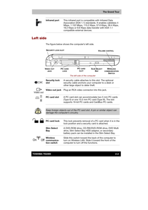 Page 28 
 
 
TE2300 Ve r s io n  1Last Saved on 21.05.2003 10:18
ENGLISH using TE2300_Onine.dot –– Printed on 27.05.2003 as  
The Grand Tour
2-2TOSHIBA TE2300 
 Infrared port This infrared port is compatible with Infrared Data 
Association (IrDA 1.1) standards. It enables cableless 4 
Mbps, 1.152 Mbps, 115.2 Kbps, 57.6 Kbps, 38.4 Kbps, 
19.2 Kbps or 9.6 Kbps data transfer with IrDA 1.1 
compatible external devices. 
Left side 
The figure below shows the computer’s left side. 
 
 
 
 
The left side of the...