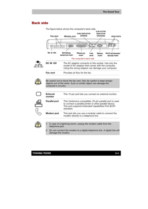 Page 30 
 
 
TE2300 Ve r s io n  1Last Saved on 21.05.2003 10:18
ENGLISH using TE2300_Onine.dot –– Printed on 27.05.2003 as  
The Grand Tour
2-4TOSHIBA TE2300 
Back side 
The figure below shows the computer’s back side. 
 
 
 
 
The computer’s back side 
  DC IN 15V The AC adaptor connects to this socket. Use only the 
model of AC adaptor that comes with the computer. 
Using the wrong adaptor can damage your computer. 
 Fan vent Provides air flow for the fan. 
 
 
Be careful not to block the fan vent. Also be...