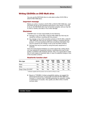 Page 67 
 
 
TE2300 Ve r s io n  1Last Saved on 21.05.2003 10:18
ENGLISH using TE2300_Onine.dot –– Printed on 27.05.2003 as  
Operating Basics
4-13TOSHIBA TE2300 
Writing CD/DVDs on DVD Multi drive 
You can use the DVD Multi drive to write data to either CD-R/-RW or 
DVD-R/-RW/-RAM discs.  
Important message 
Before you write or rewrite to CD-R/-RW or DVD-R/-RW/-RAM disc, read 
and follow all set-up and operating instructions in this section. If you fail 
to do so, the DVD Multi drive may not function properly,...