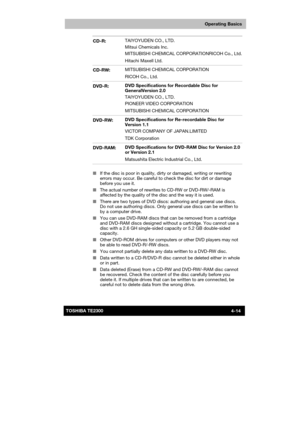 Page 68 
 
 
TE2300 Ve r s io n  1Last Saved on 21.05.2003 10:18
ENGLISH using TE2300_Onine.dot –– Printed on 27.05.2003 as  
Operating Basics
4-14TOSHIBA TE2300 CD-R: TAIYOYUDEN CO., LTD. 
Mitsui Chemicals Inc. 
MITSUBISHI CHEMICAL CORPORATIONRICOH Co., Ltd. 
Hitachi Maxell Ltd. 
CD-RW: MITSUBISHI CHEMICAL CORPORATION 
RICOH Co., Ltd. 
DVD-R: DVD Specifications for Recordable Disc for 
GeneralVersion 2.0 
TAIYOYUDEN CO., LTD. 
PIONEER VIDEO CORPORATION 
MITSUBISHI CHEMICAL CORPORATION 
DVD-RW: DVD...