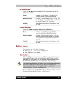 Page 91 
 
 
TE2300 Ve r s io n  1Last Saved on 21.05.2003 10:18
ENGLISH using TE2300_Onine.dot –– Printed on 27.05.2003 as  
Power and Power-Up Modes
6-4TOSHIBA TE2300 
DC IN indicator 
Check the DC IN indicator to determine the power status with the AC 
adaptor connected: 
Green Indicates the AC adaptor is connected and 
supplying proper power to the computer. 
Flashing orange Indicates a problem with the power supply. Plug 
the AC adaptor into another outlet. If it still does 
not operate properly, see your...