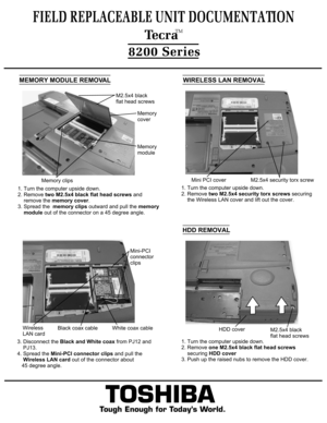 Page 5MEMORY MODULE REMOVALWIRELESS LAN REMOVAL1. Turn the computer upside down. 
2. Remove two M2.5x4 black flat head screws and 
    remove the memory cover.
3. Spread the  memory clips outward and pull the memory
    module out of the connector on a 45 degree angle.HDD REMOVAL1. Turn the computer upside down.
2. Remove one M2.5x4 black flat head screws 
    securing HDD cover
3. Push up the raised nubs to remove the HDD cover.M2.5x4 black
flat head screwsHDD coverTOSHIBA
Tough Enough for Today’s World....