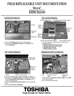 Page 7MEMBRANE SWITCH REMOVAL1. Disconnect the membrane switch cable from PJ730
    on the sound board.2. Lift out the membrane switch.Membrane switch 
cablePJ730Membrane
switchTOSHIBA
Tough Enough for Today’s World.
FIELD REPLACEABLE UNIT DOCUMENTATION  TecraTM8200 SeriesKEYBOARD REMOVAL3. Lift out the keyboard and set it on the palmrest.
4. Disconnect the keyboard cable from PJ720 and lift
    out the keyboard.KeyboardKeyboard 
cablePJ720TOP COVER REMOVALTOP COVER REMOVAL1. Turn the computer upside down and...
