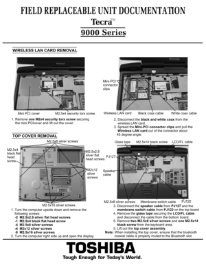 Page 7WIRELESS LAN CARD REMOVAL1. Remove one M2x4 security torx screw securing 
    the mini PCIcover and lift out the cover.Mini PCI coverM2.5x4 security torx screw2. Disconnect the black and white coax from the
    wireless LAN card.3. Spread the Mini-PCI connector clips and pull the 
    Wireless LAN card out of the connector about 
   45 degree angle.TOSHIBA
Tough Enough for Today’s World.
FIELD REPLACEABLE UNIT DOCUMENTATION  TecraTM9000 SeriesBlack coax cableWhite coax cableWireless LAN cardMini-PCI...