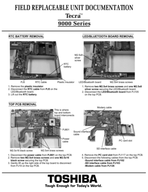 Page 9TOSHIBA
Tough Enough for Today’s World.
FIELD REPLACEABLE UNIT DOCUMENTATION  TecraTM9000 SeriesRTC BATTERY REMOVAL1. Disconnect the power cable from PJ801 on the top PCB.
2. Remove two M2.5x4 brass screws and one M2.5x16
    black screw securing the top PCB.
3. Gently lift up the right side of the top board to disconnect    from PJ19 on the top PCB.TOP PCB REMOVAL4. Remove the PC card slot from PJ117 on the top PCB.
5. Disconnect the following cables from the top PCB:    -Sound interface cable from...