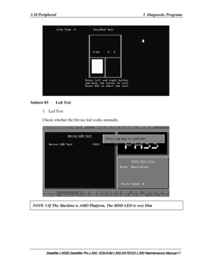 Page 126
3.10 Peripheral  3  Diagnostic Programs 
 
Subtest 03    Led Test 
1. Led Test 
Check whether the Device led works normally. 
 
NOTE 1:If The Machine is AMD Pl atform, The HDD LED is very Dim 
Satellite L300D,Satellite Pro L300, EQUIUM L300,SATEGO L300 Mai ntenance Manual 57  