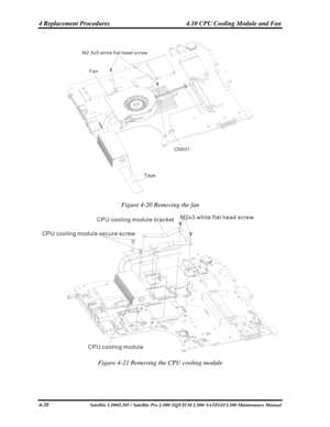 Page 177
4 Replacement Procedures  4.10 CPU Cooling Module and Fan 
M2 5x5 white flat head screw.
Fan
TapeCN501
 
Figure 4-20 Removing the fan 
M2x3 white flat head screw
CPU cooling module bracket
CPU cooling module
CPU cooling module secure screw
 
Figure 4-21 Removing the CPU cooling module 
4-38 Satellite L300/L305 / Satellite Pro 
L300/ EQUIUM L300/ SATEGO L300 Maintenance Manual  