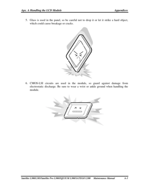 Page 203
Apx. A Handling the LCD Module Appendices 
5. Glass is used in the panel, so be careful not to drop it or let it strik\
e a hard object, 
which could cause breakage or cracks. 
 
6.  CMOS-LSI circuits are used in the module, so guard against damage from 
electrostatic discharge. Be sure to wear  a wrist or ankle ground when handling the 
module. 
 
Satellite L300/L305/Satellite Pro L300/EQUIUM  L300/SATEGO L300     Maintenance Manual A-3  
