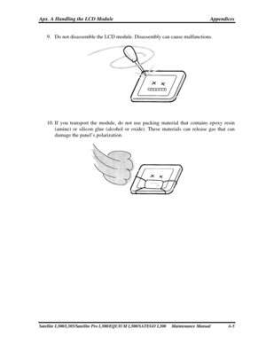 Page 205
Apx. A Handling the LCD Module Appendices 
9. Do not disassemble the LCD module. Disassembly can cause malfunctions. 
 
 
10. If you transport the module, do not use pack ing material that contains epoxy resin 
(amine) or silicon glue (alcohol or oxide).  These materials can release gas that can 
damage the panel’s polarization. 
 
 
 
Satellite L300/L305/Satellite Pro L300/EQUIUM  L300/SATEGO L300     Maintenance Manual A-5  