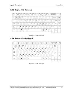 Page 242
Apx. E  Key Layout Appendices 
E.13  Belgian (BE) Keyboard 
 
Figure E-13 BE keyboard 
E.14  Russian (RU) Keyboard 
 
Figure E-14 RU keyboard 
Satellite L300/L305/Satellite Pro L300/EQUIUM L300 /SATEGO L300     Maintenance Manual  E-7  