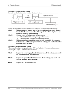 Page 49
2  Troubleshooting 2.3  Power Supply 
Procedure 2  Connection Check 
Power is supplied to the system board as illustrated below:  
AC
adaptor System board
AC power cord AC adaptor cord
Battery pack
 
 
Follow the steps below to check whether each  connector has been connected correctly:  
Check 1  Make sure the AC adaptor and AC  power cord have been firmly plugged 
into the DC IN socket and wall outlet,  respectively.  When they have been 
connected correctly, perform Check 2. 
Check 2  Connect a new...