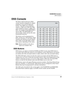 Page 91DADM/DSS Console
DSS Console
Strata CTX DKT3000/2000-Series Telephone   05/02    77
DSS Console
The Direct Station Selection (DSS) 
console operates alongside of a digital 
telephone to provide 60 additional 
buttons. The 3000-series telephone 
requires a 3000-series DSS; the 2000-
series telephone requires a 2000-series 
DSS. An example of the DDSS3060 is 
shown right. The DDSS2060 (not 
shown) looks similar and has the same 
button/LED functions.
The buttons can be programmed as 
DSS, outside Line, All...