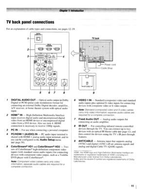 Page 11TVbackpanelconnections
Foranexplanationofcable typesandconnections, seepages12-19.
----HllMllN-----,HLlml
~
I
8
1 DIGITAL AUDIOOUT-Optical audiooutput inDolby
Digital
orPCM (pulse-code modulation) formatfor
connecting anexternal DolbyDigital decoder, amplifier,
ANreceiver, orhome theater system withoptical audio
input.
2HDMIMIN-High-Definition MultimediaInterface
input receives digitalaudioanduncompressed digital
video fromanHDMI deviceoruncompressed digital
video fromaOVI device. Alsoseeitem 4.HDMI...