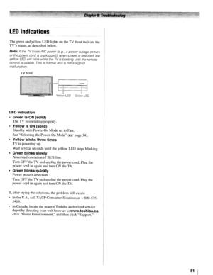 Page 61LEDindications
Thegreen andyellow LEDlights onthe TV front indicate the
TVsstatus,asdescribed below.
Note:IftheTVlosesAlepower(e.g.,apower outage occurs
or the power
cordisunplugged), whenpowerisrestored, the
yellow LEDwillblink while the
TVisbooting untiltheremote
control
isusable.Thisisnormalandisnot asignof
malfunction.
TVfront
POWER
-I1=
Yellow LED GreenLED
LEDIndication
• Green isON (solid)
The TVisoperating properly.
• Yellow isON (solid)
Standby withPower-On ModesettoFast.
See Selecting...