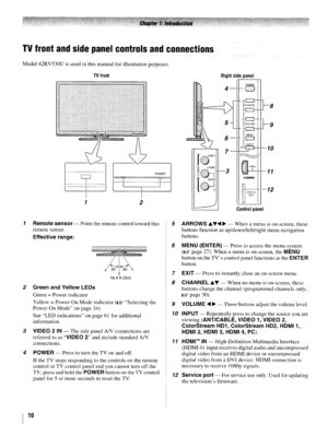 Page 10TVfrontandsidepanelcontrolsandconnections_..._._--_.__._._.--..__..._..-----------
Model42RV530Uisusedinthismanual forillustration purposes.
9
8
II+-SER-VIC-lE-;..-12ONLY
Rightsidepanel
4r131
I.C]
heIMENU6.~:lIINPUT
S
f0lv/MONO=1l7~L.......:H+-10
~IImH~~14§_t@}--311~IHom.
to:r
TVfront
1 2
Controlpanel
1Remote sensor-Pointtheremote control towardthis
remote sensor.
Effective range: 5
ARROWS ...
T....~-Whenamenuison-screen, these
buttons function asup/down/leftlright menunavigation
buttons.
2 Green...